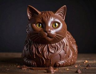光沢のあるチョコレートで作られた、可愛らしい猫モチーフの立体スイーツ
