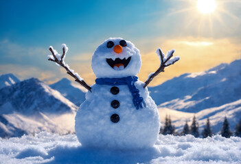Funny snowman in winter mountain scenery. Merry christmas and happy new year.