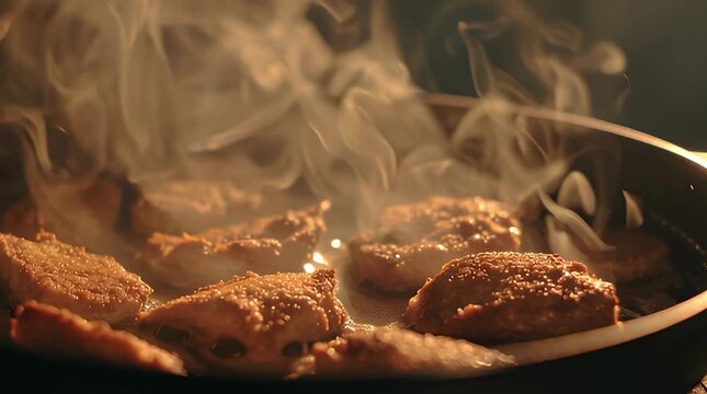 Close-up of sizzling meat pieces in a hot pan with rising steam, cooked to brown perfection with a dark background.