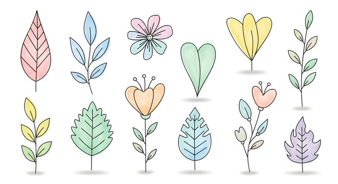 Hand-drawn botanical icons pack featuring cute pastel leaves and flowers with a playful, minimal style. Perfect for UI design, apps, stickers, planners, educational content, and creative branding asse