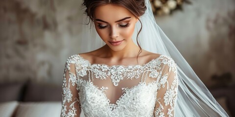 Beautiful bride in white wedding dress with veil and lace details