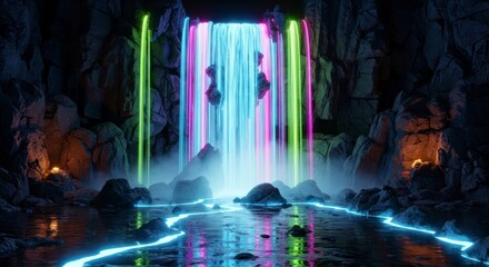 Neon cave entrance with glowing lights.
