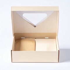 Light beige cardboard box, open, with inserts