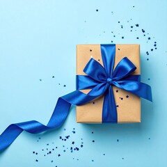 Gift box with blue ribbon on light blue background