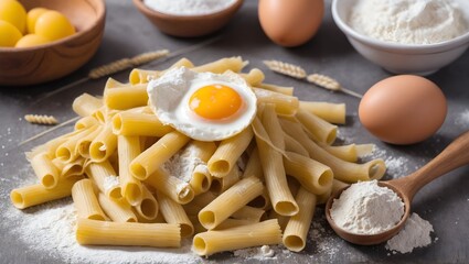 Making pasta with flour and eggs, ingredients on table. Cooking concept.