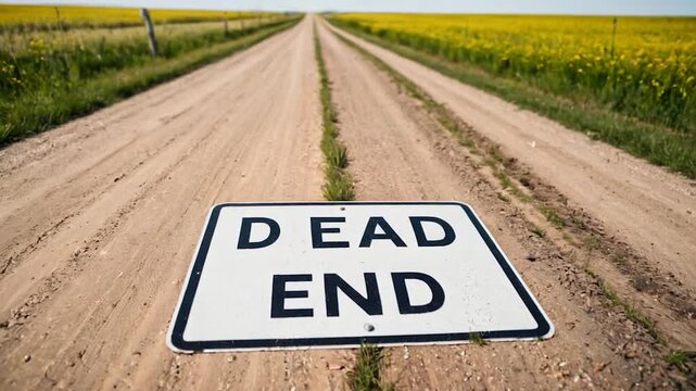 Video A single dead end sign sitting on the side of a dirt road, indicating the end of the road