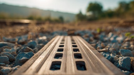 Medium shot capturing heatresistant rail sleepers with cooling vents in sharp focus surrounded by outoffocus sunlit dry terrain symbolizing durability under high temperatures.