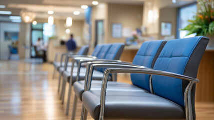 Chairs arranged in hospital waiting room, medical facility seating area, patient waiting space, healthcare reception environment, clinical lobby furniture, with copy space
