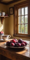 Cozy rustic kitchen interior with lemon fruits on old wooden table.