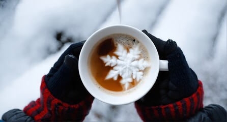 Mug of hot coffee in hands wearing warm mittens against backdrop of snow landscape. Warming drink for winter holiday. Generated AI