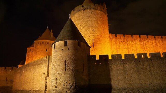 Illuminated Carcassonne Castle Night France
