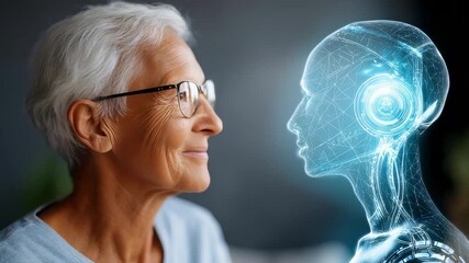 Elderly woman smiling at futuristic artificial intelligence robot, symbolizing human and AI connection. Modern technology and aging population meet in a digital future concept - Powered by Adobe