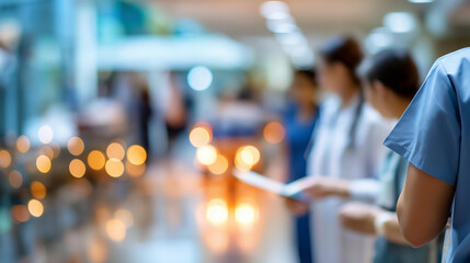 Blurred hospital emergency scene with nurses and patients, defocused medical care setting, urgent treatment environment, soft focus healthcare activity, with copy space