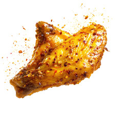 Single spicy chicken wing, glistening with sauce, on black ground