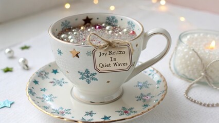 Decorative Teacup Filled With Glitter and Pearls on a Saucer