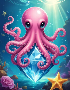 pinke Krake sitzt auf einem riesigen Diamanten