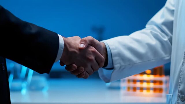 Executive in suit shaking hands with scientist in lab coat in a laboratory setting with test tubes, concept for medical partnership, biotechnology deal and scientific collaboration