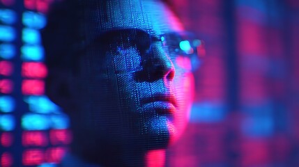 A digital portrait of a focused individual, surrounded by vibrant data streams, highlighting themes of technology and data analysis.