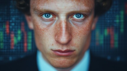 A close-up portrait of a serious young man with striking blue eyes and freckles, set against a backdrop of financial graphs and data.