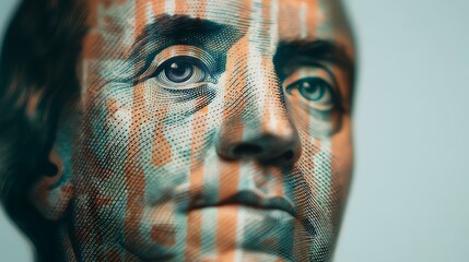 A stylized portrait featuring intricate patterns overlaying a face, blending financial elements and art to create a unique visual impact.