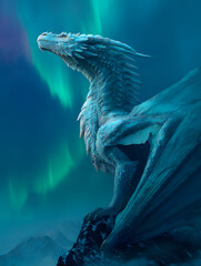 Ice Dragon on a Mountain Peak Under Aurora Borealis