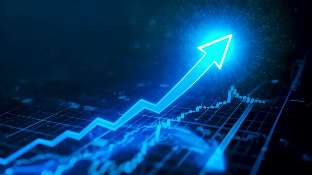 Blue glowing arrow rising above digital grid with light streaks and perspective lines