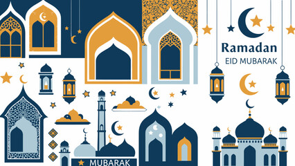 Elegant collection of Islamic design elements, including mosques, lanterns, and crescents, for festive Ramadan and Eid Mubarak greetings and decorations