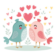 Cute Love Birds with Hearts and Leaves-Valentine&rsquo;s Day Illustration. A charming vector illustration of two colorful birds standing close together with smiling expressions. No text included