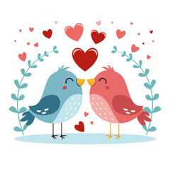 Affectionate Bird Couple Surrounded by Hearts. A whimsical vector illustration of two birds facing each other with their beaks touching, surrounded by floating red and pink hearts.