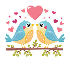 Blue and Yellow Love Birds on a Branch-Romantic Illustration. A whimsical vector illustration of two blue and yellow birds perched on a leafy branch, facing each other with affectionate expressions