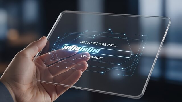 Futuristic transparent tablet displaying a digital loading 2026 bar and data. - Powered by Adobe