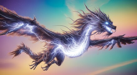 Majestic fantasy creature, wreathed in electric energy, soars through a breathtaking gradient sky, an embodiment of ancient power and mythical grace