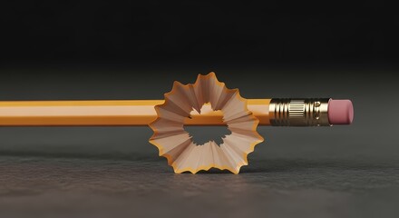 An everyday wooden pencil perfectly centered with a delicate, circular wood shaving, evoking the essence of a fresh start and the dawn of creative expression