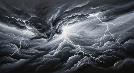 Intense lightning bolts striking through ominous swirling storm clouds under a dark sky depicting a powerful and dramatic weather phenomenon