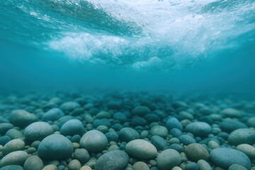 Underwater Pebbles with Turquoise Water Surface: Serene Aquatic Scene with Natural Light and Reflections