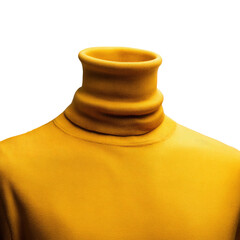 Gold turtleneck garment stands in front of a dark, undefined background