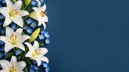 White Lilies and Blue Forget- Me- Nots Border on Deep Blue Background white lily
