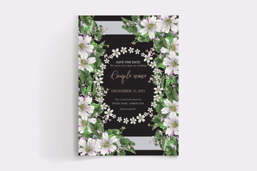 WEDDING INVITATION FRAME WITH FLOWER DECORATIONS AND FRESH LEAVES