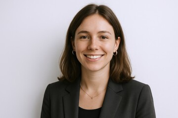 Fototapeta premium Confident Young Professional Woman Smiling Portrait in Business Attire Against a Clean White Background