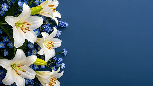 White Lilies and Blue Muscari Flowers Border on Deep Blue Background white lily easter lily