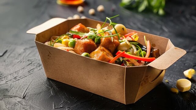 Video A takeout box filled with various food items on a table
