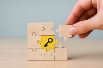 Completing the Solution: Hand Placing Puzzle Piece with Key Symbol, Representing Problem Solving and Strategy