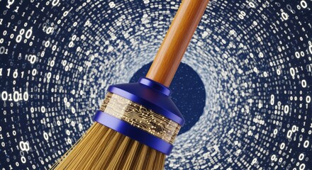 Data cleanup concept, broom sweeping away digital noise, binary code background, information hygiene