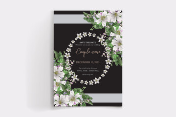 WEDDING INVITATION FRAME WITH FLOWER DECORATIONS AND FRESH LEAVES