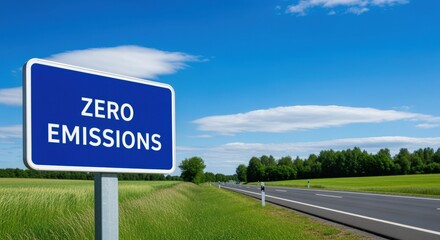 Zero Emissions Signage on Roadside, Sustainable Future Initiative, Environmental Awareness and Clean Transportation Concept