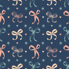 A seamless pattern with pastel tone hand-drawn bows on a dark background. Creates a calm, girly aesthetic holiday backdrop perfect for stationary and digital art.