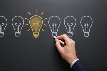 Creative Idea: Hand Drawing a Glowing Light Bulb on Blackboard, Symbolizing Innovation and Inspiration