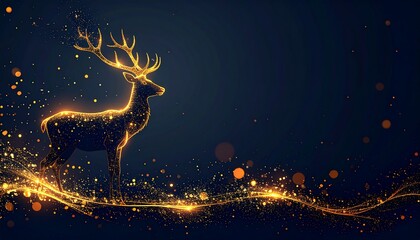 Elegant cartoon New Year background with a graceful deer silhouette, refined gold accents on dark background, minimal flat illustration, modern luxury aesthetic, soft glow lighting, abstract festive e