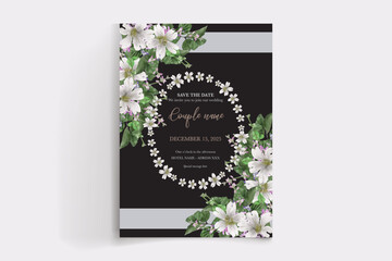 WEDDING INVITATION FRAME WITH FLOWER DECORATIONS AND FRESH LEAVES