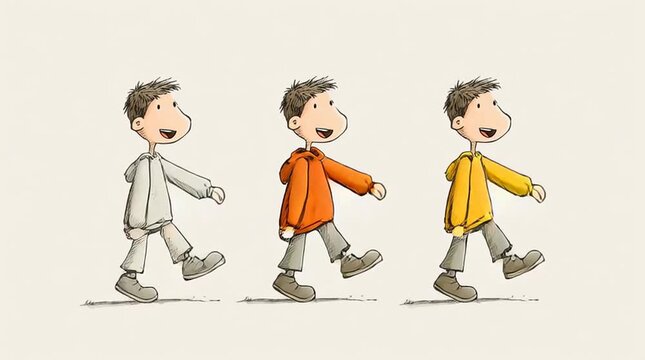 Cartoon character walking left to right through three clear stages, illustrating a simple explainer narrative of progress, steps and transformation in a friendly, modern style.
